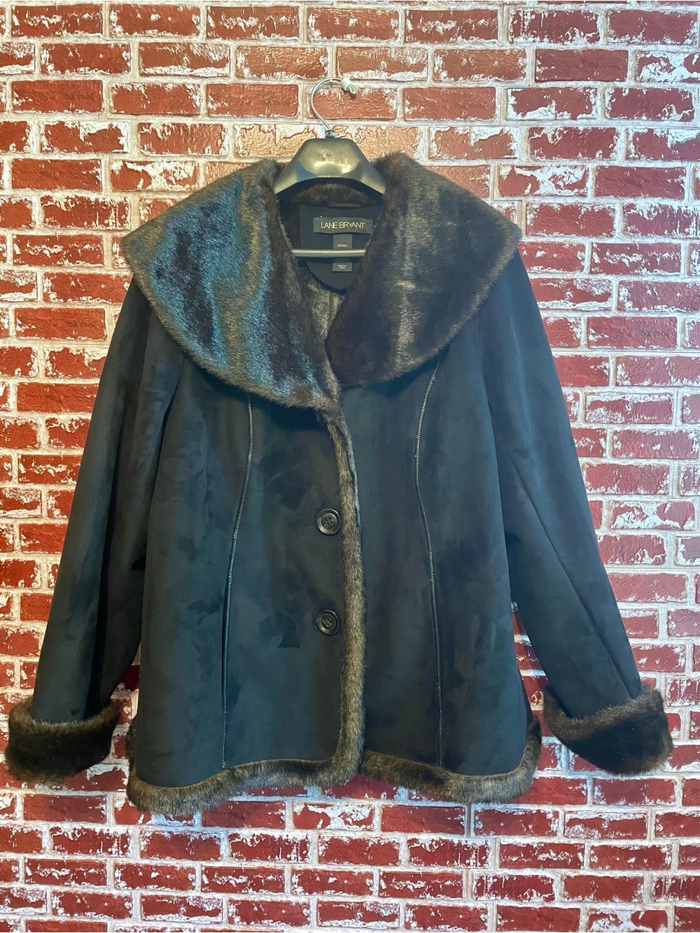 Lane Bryant Dark Chocolate Brown Suede Jacket Fully Faux Fur Lined 22/24.